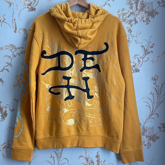 Ed Hardy Mens Hoodie Sweatshirt Size S Gold Streetwear Art To Wear Graphic Logo - Picture 2 of 9